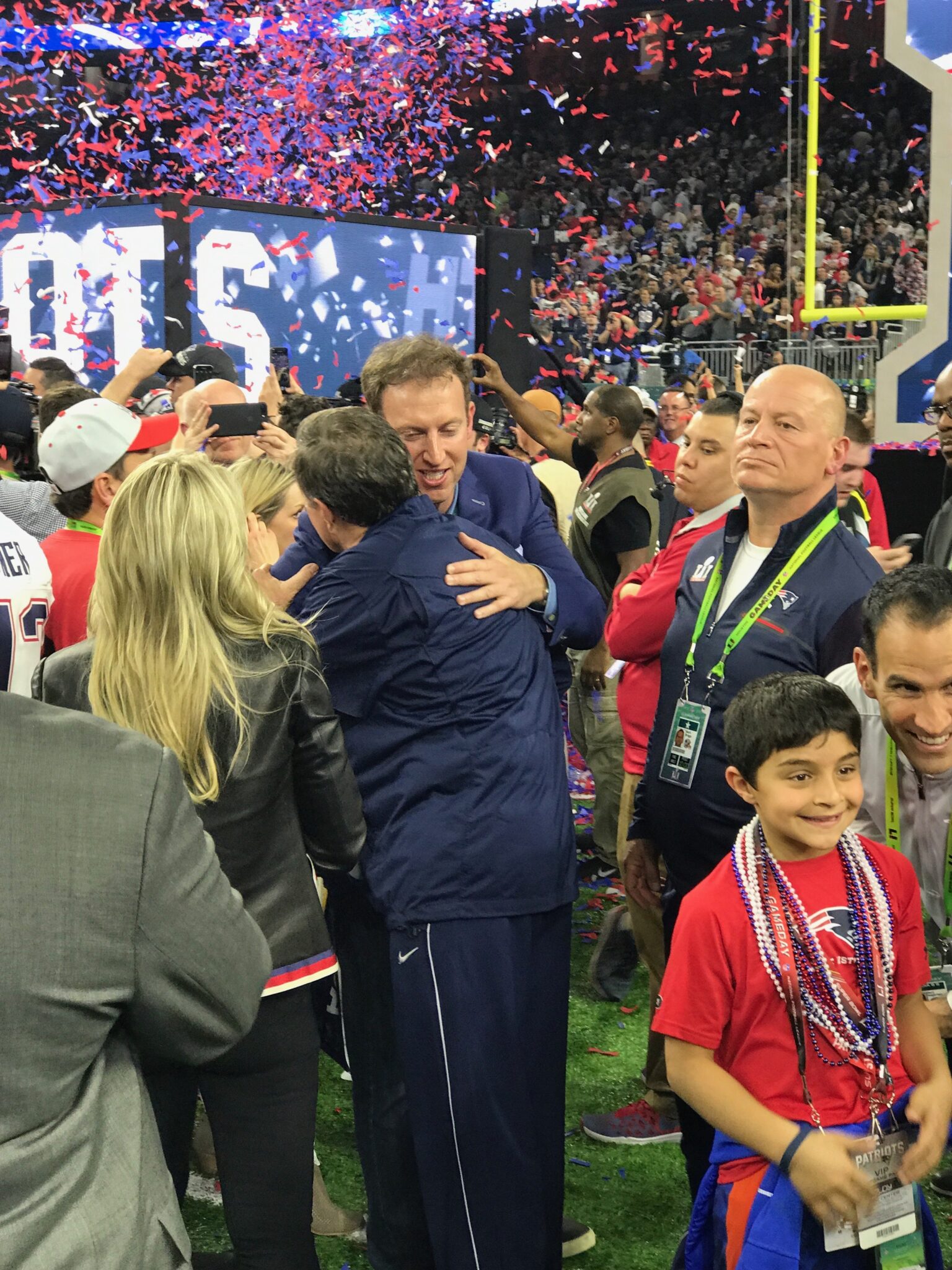 Jamie Horowitz hugging Bill Belichick at the end of Super Bowl LIII: New England Patriots vs. Los Angeles Rams.