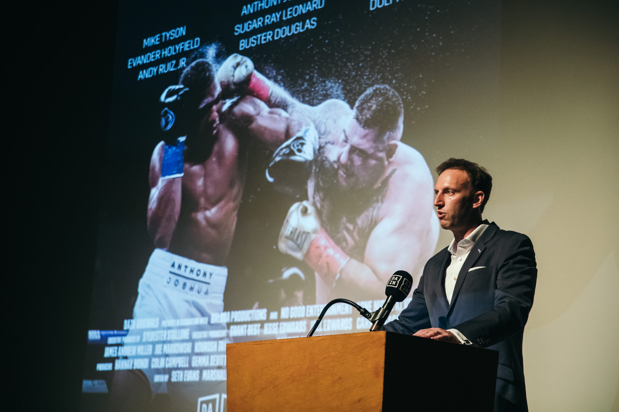 Jamie Horowitz speaking at the premiere of "One Night: Joshua vs. Ruiz" on November 21, 2019.