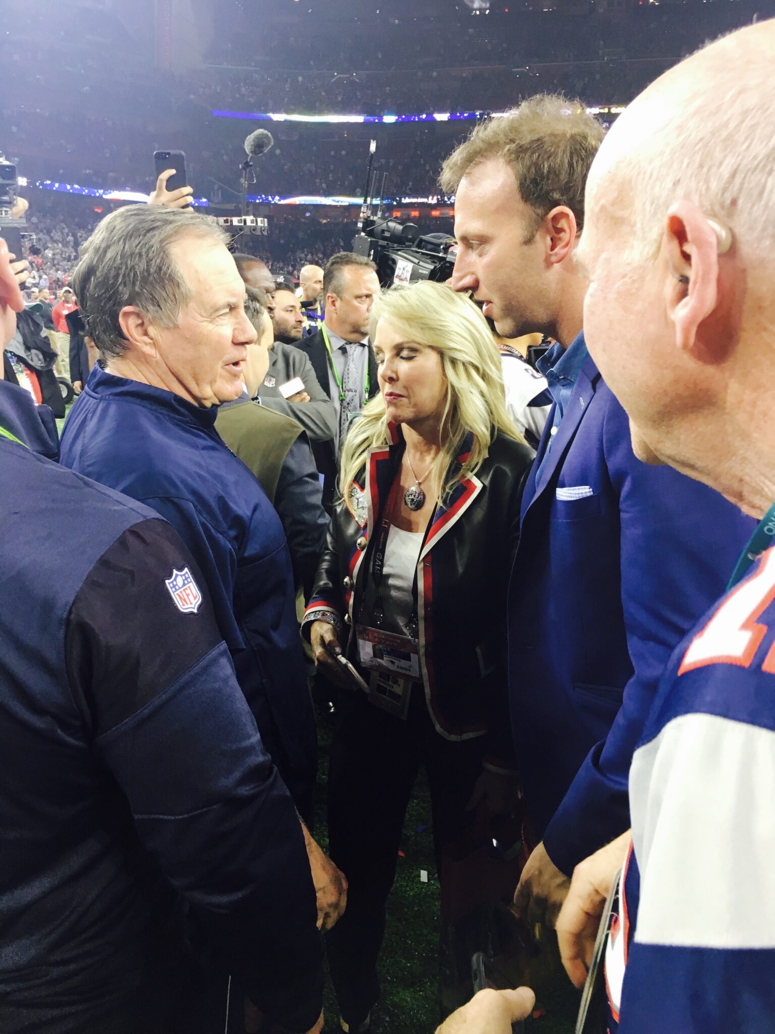 Jamie Horowitz talking to Bill Belichick at Super Bowl LIII: New England Patriots vs. Los Angeles Rams.